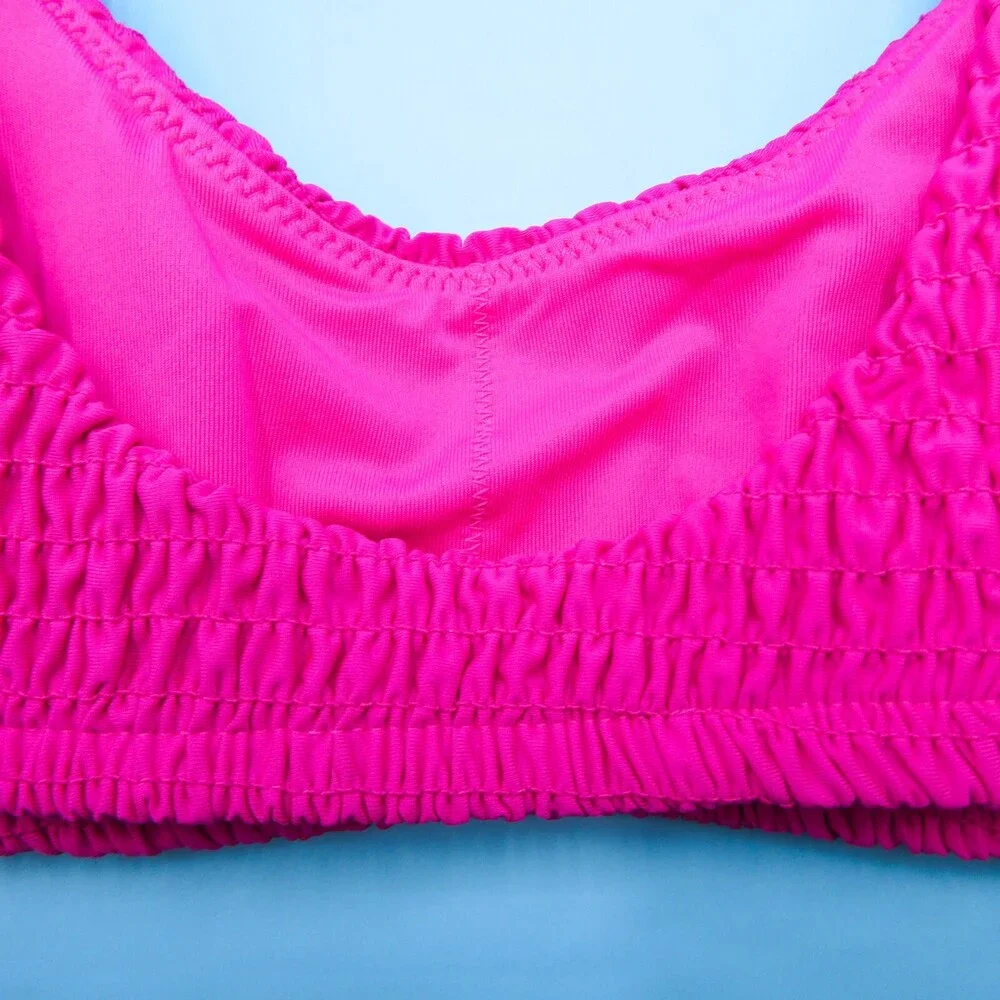 Victorias Secret Medium Pink Ruched Fabric Padded Ribbed Bikini Top Pullover New